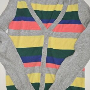 XXI Colorful Striped V Neck‎ Cardigan Sweater Gray Trim Size M